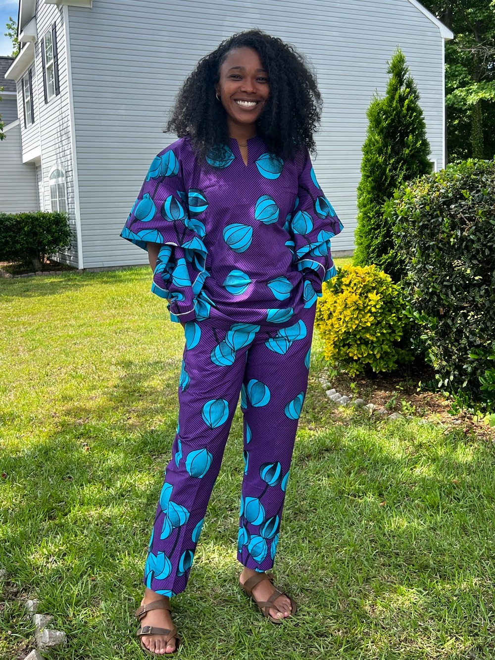 African Print Ankara Purple & Teal Printed Pants Set - Women - Picture 1 of 6
